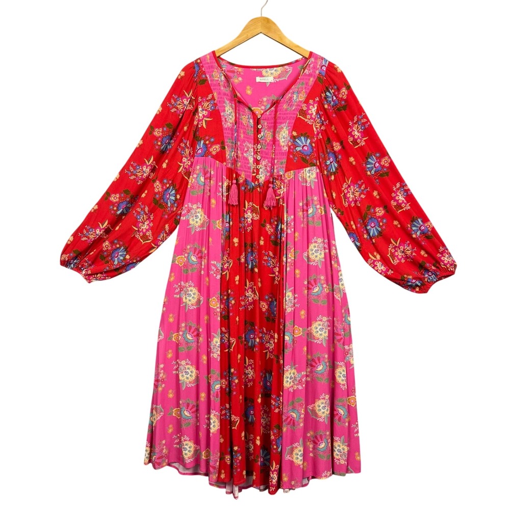 Spell Solstice Midi Dress Womens M‎ Floral Boho Long Sleeve Tassel Print Viscose
